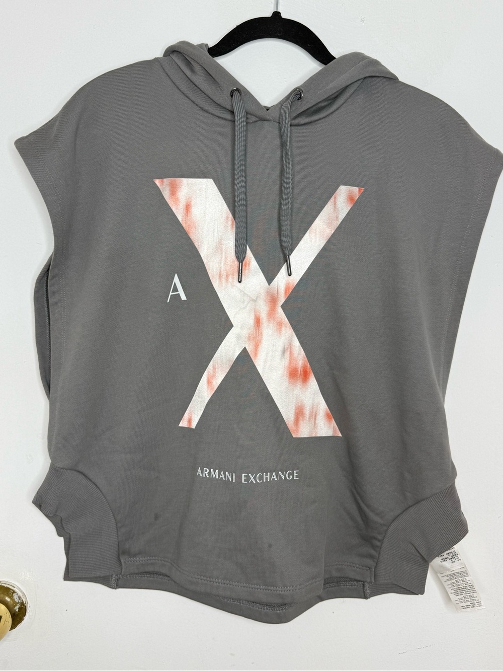 Armani Exchange Gray Sleeveless Hoodie with Coral-Accented X Logo